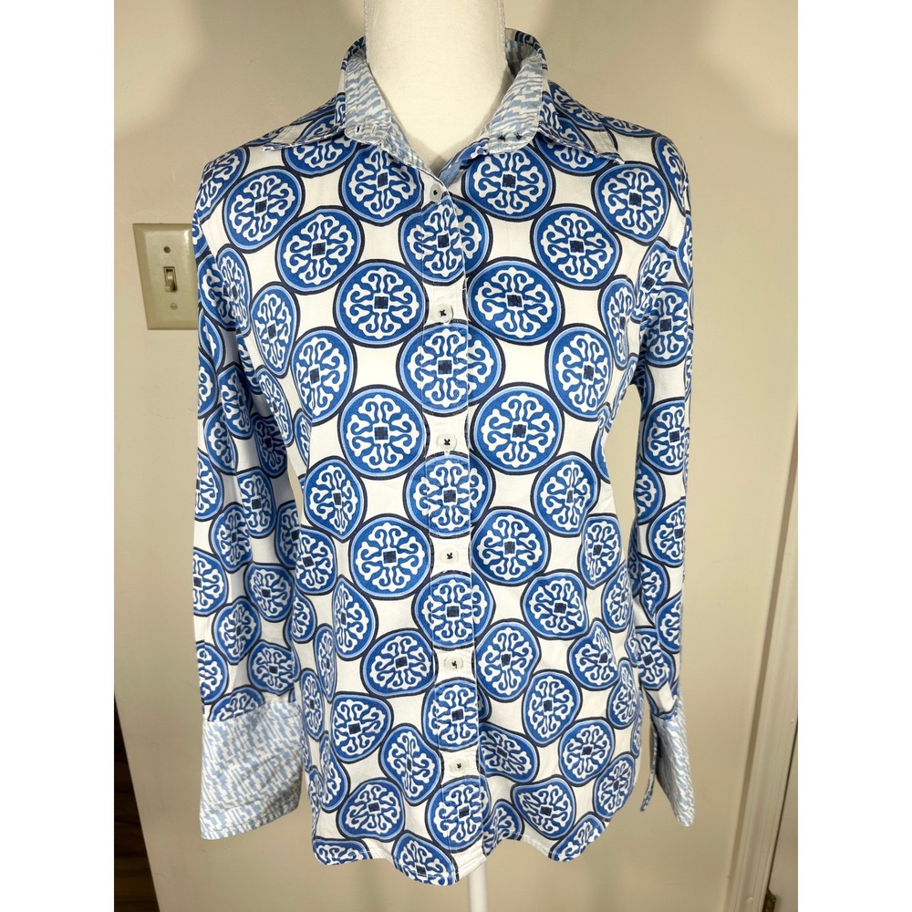 Tizzie‎ Button Up Shirt Womens S Blue White Medallion Geometric Stretch Cotton